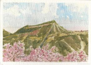 Arte: Carlos Enrique Lencinas Gómez. Acuarela sobre papel. ”Montaña y ramas rosadas”. Firmada a mano.